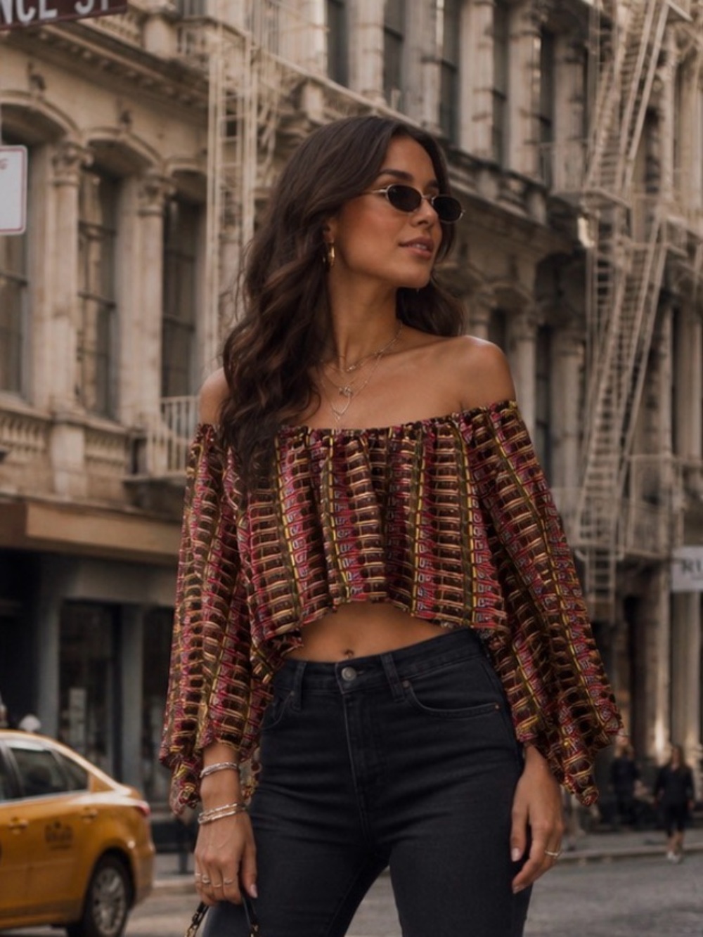 Off-Shoulder Cropped Top in Burgundy, Mustard and Pink Stripe